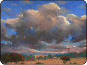pastel painting, farmland, clouds